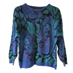 Uno&una Vintage Knit Floaral Sweater Blue Size Large Geometric